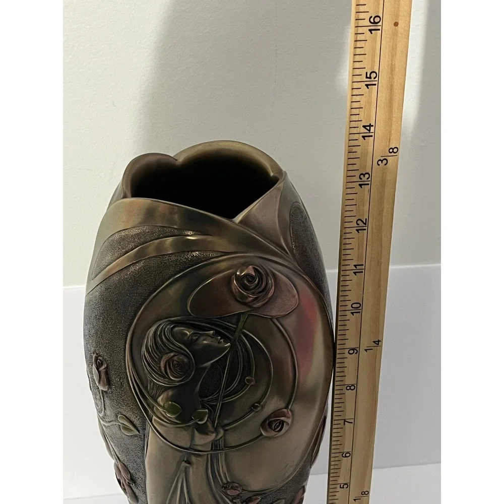 Veronese Design Art‎ Nouveau Vase Vintage Bronze Finish Woman Rose Relief 13.5in